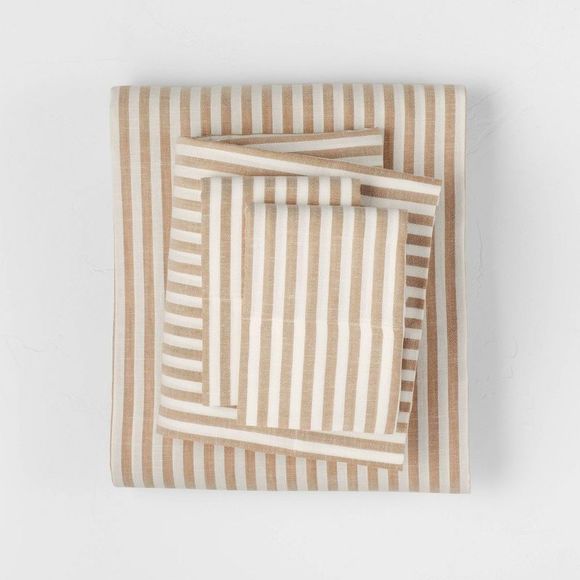 Casaluna Bedding Queen Linen Blend Sheet Set Brown Stripe Casaluna